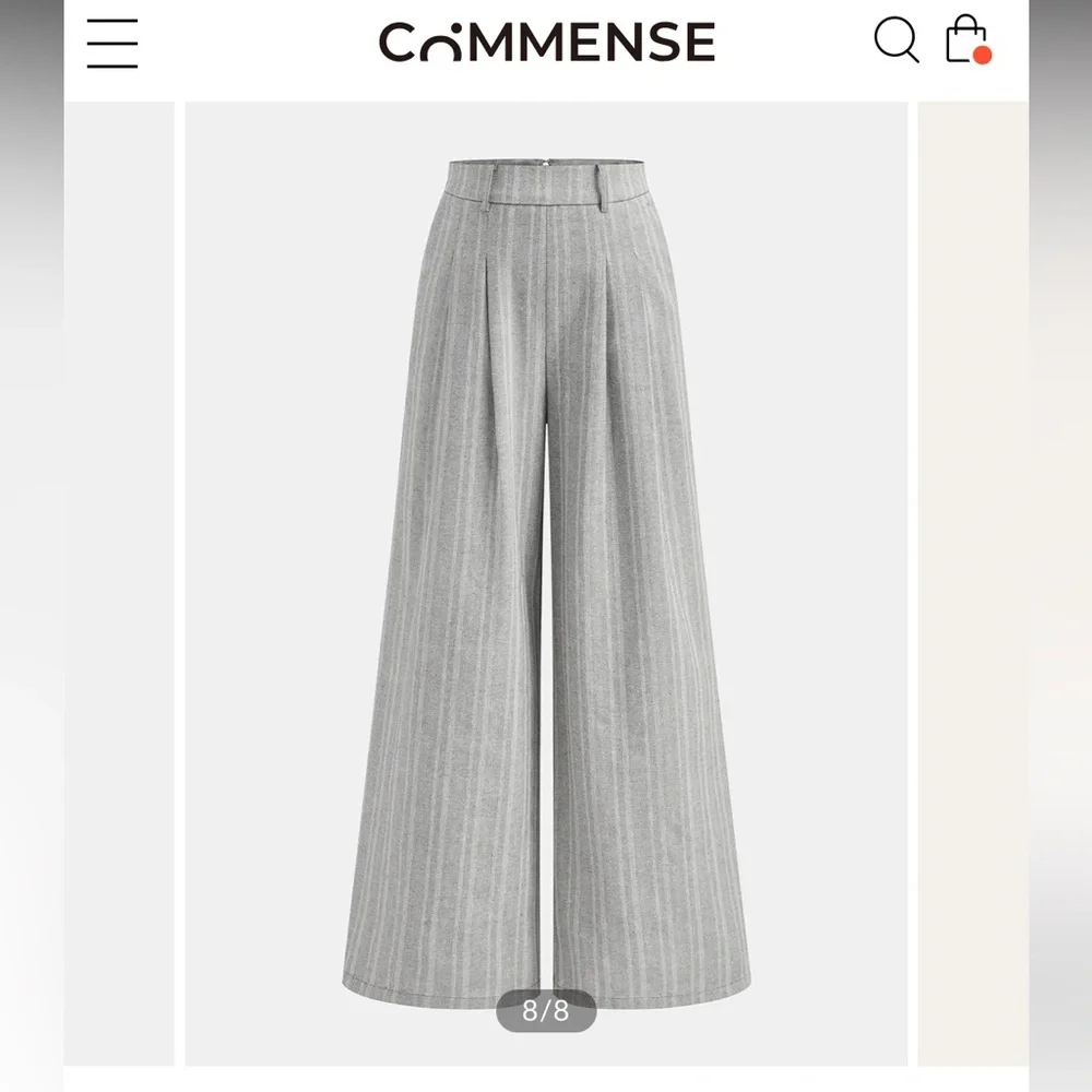 Grey Striped Linen Blend Wide-Leg Pants - Picture 1 of 2